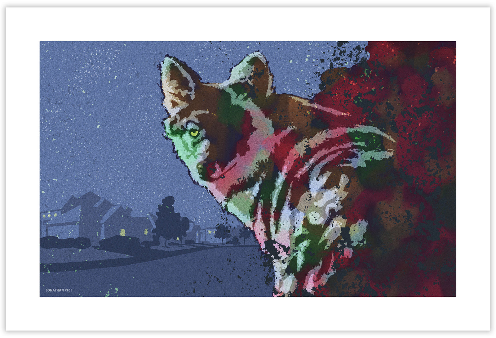 Modern style giclée art print of a Coyote in an urban neighborhood. dusty dark cool background colors, vibrant foreground colors and gritty texture with a minimalist suburban neighborhood in the background.