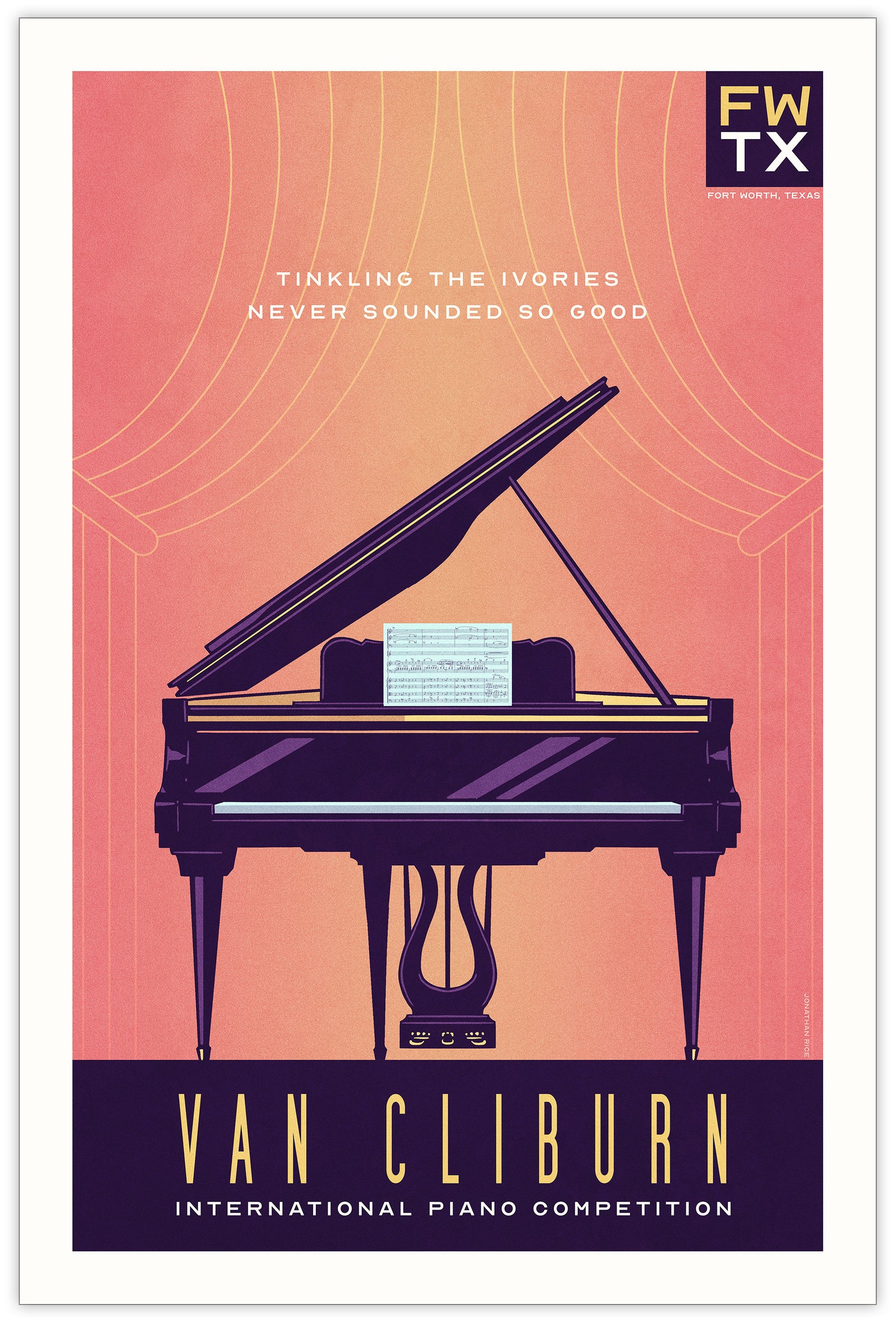 Bold graphic giclée art print of a Grand Piano with the words “Van Cliburn International Piano Competion”. Print is predominately royal blue with a yellow orange background.