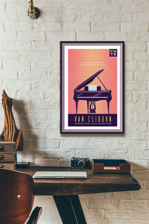 Bold graphic giclée art print of a Grand Piano with the words “Van Cliburn International Piano Competion”. Print is predominately royal blue with a yellow orange background.