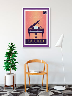 Bold graphic giclée art print of a Grand Piano with the words “Van Cliburn International Piano Competion”. Print is predominately royal blue with a yellow orange background.