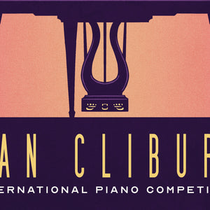 Detail of Bold graphic giclée art print of a Grand Piano with the words “Van Cliburn International Piano Competion”. Print is predominately royal blue with a yellow orange background.