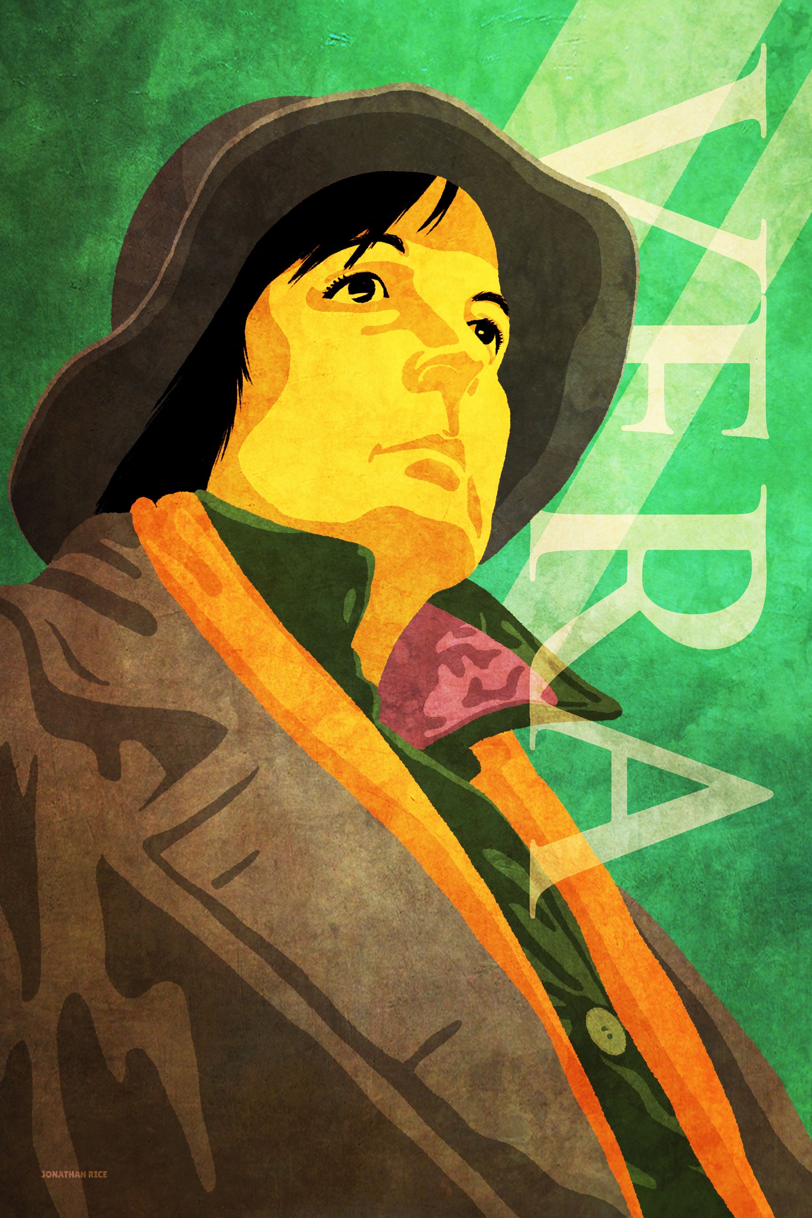 Modern art print of DCI Vera Stanhope wearing her trademark overcoat and floppy hat.