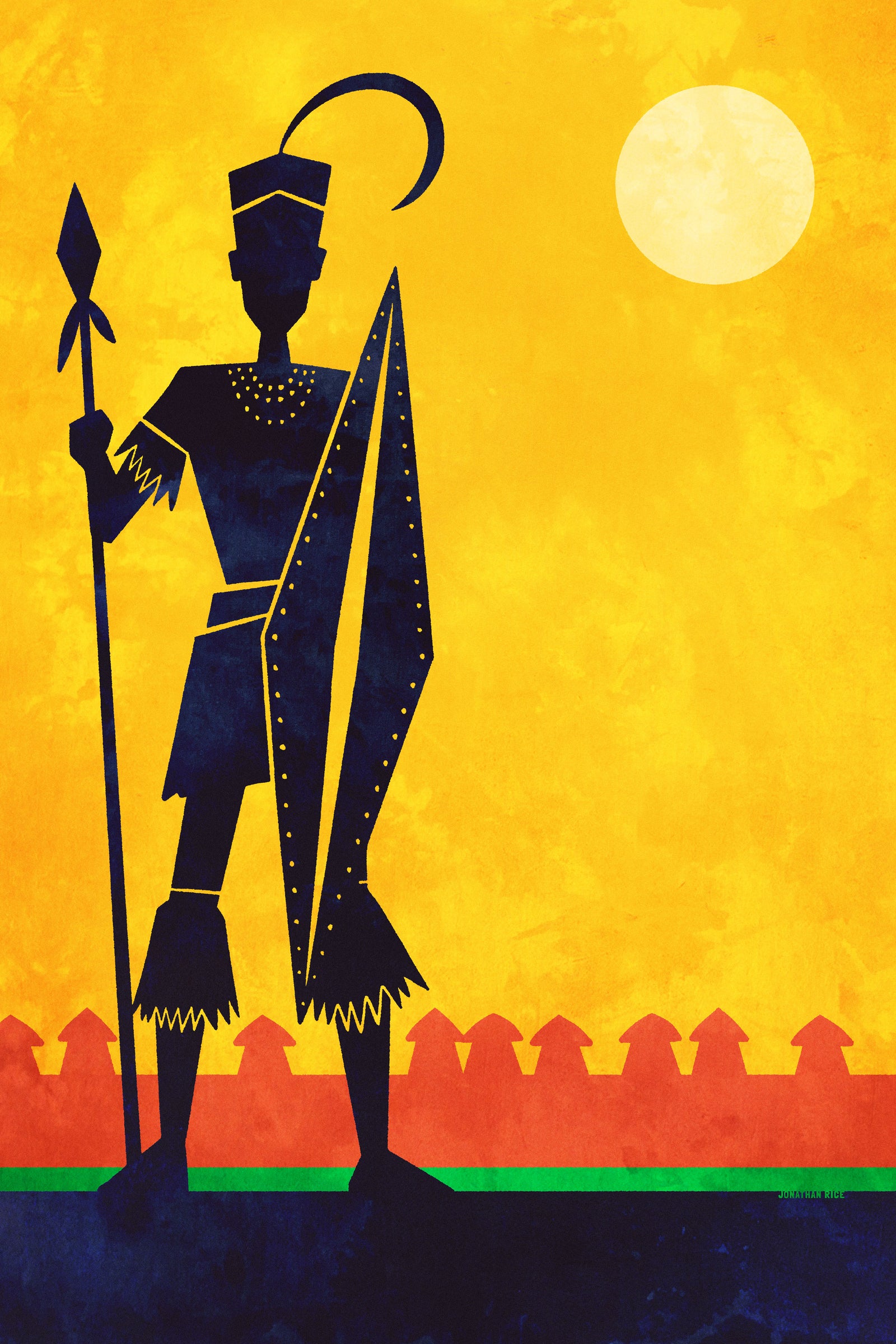 Beautiful primitive art print of an African warrior created in a mid-century modern style with bold gold, red, green and black colors.