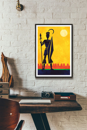 Beautiful primitive art print of an African warrior created in a mid-century modern style with bold gold, red, green and black colors.