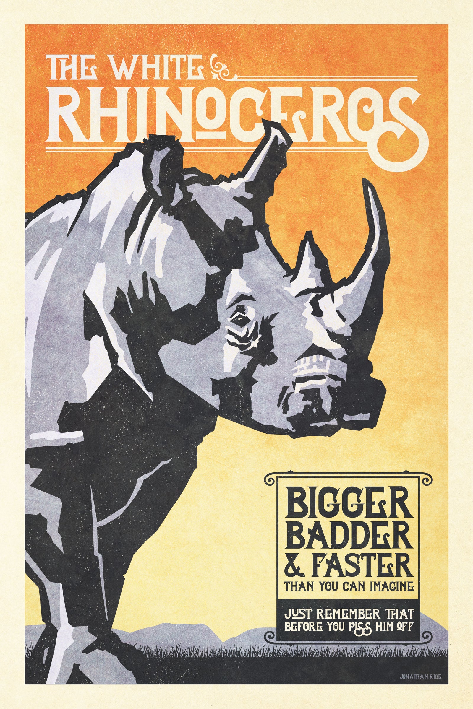 Vintage style humorous White Rhinoceros art print with ornate typography and graphics inspired by old travel, and wildlife posters of the 1930s 40s and 50s. Print shows a White Rhinoceros on the African grasslands with mountains in the background. 