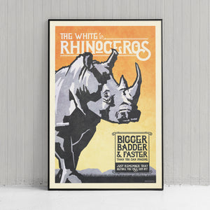 Vintage style humorous White Rhinoceros art print with ornate typography and graphics inspired by old travel, and wildlife posters of the 1930s 40s and 50s. Print shows a White Rhinoceros on the African grasslands with mountains in the background. 