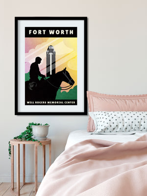 Art print and travel poster of the Will Rogers statue at the Will Rogers Memorial Center in Fort Worth,Texas the iconic Pioneer Tower in the background with sun rays.
