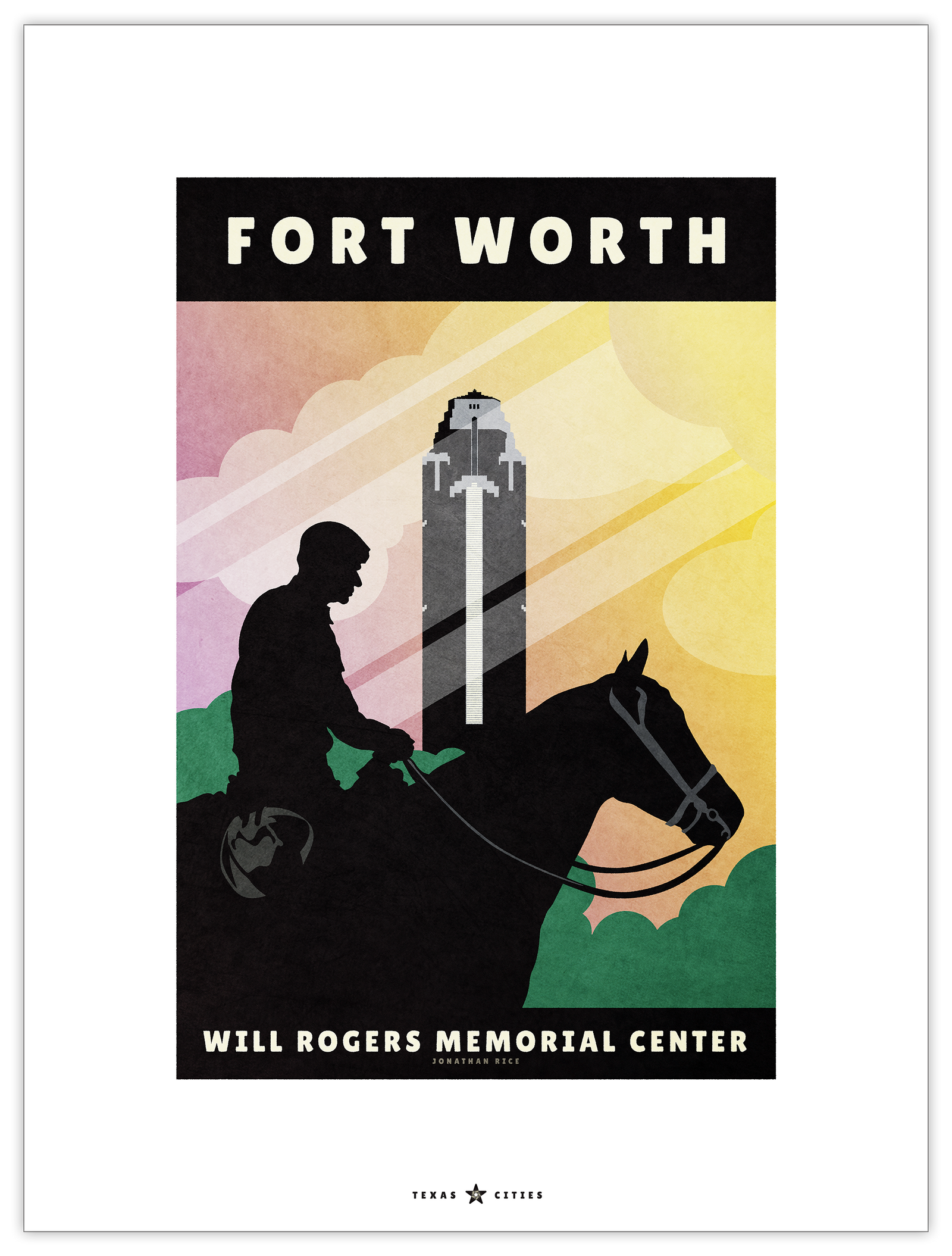 Art print and travel poster of the Will Rogers statue at the Will Rogers Memorial Center in Fort Worth,Texas the iconic Pioneer Tower in the background with sun rays.