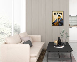 Giclée art print silhouette poster of True Texan Willie Nelson with guitar, white cowboy hat and trademark hair braids.