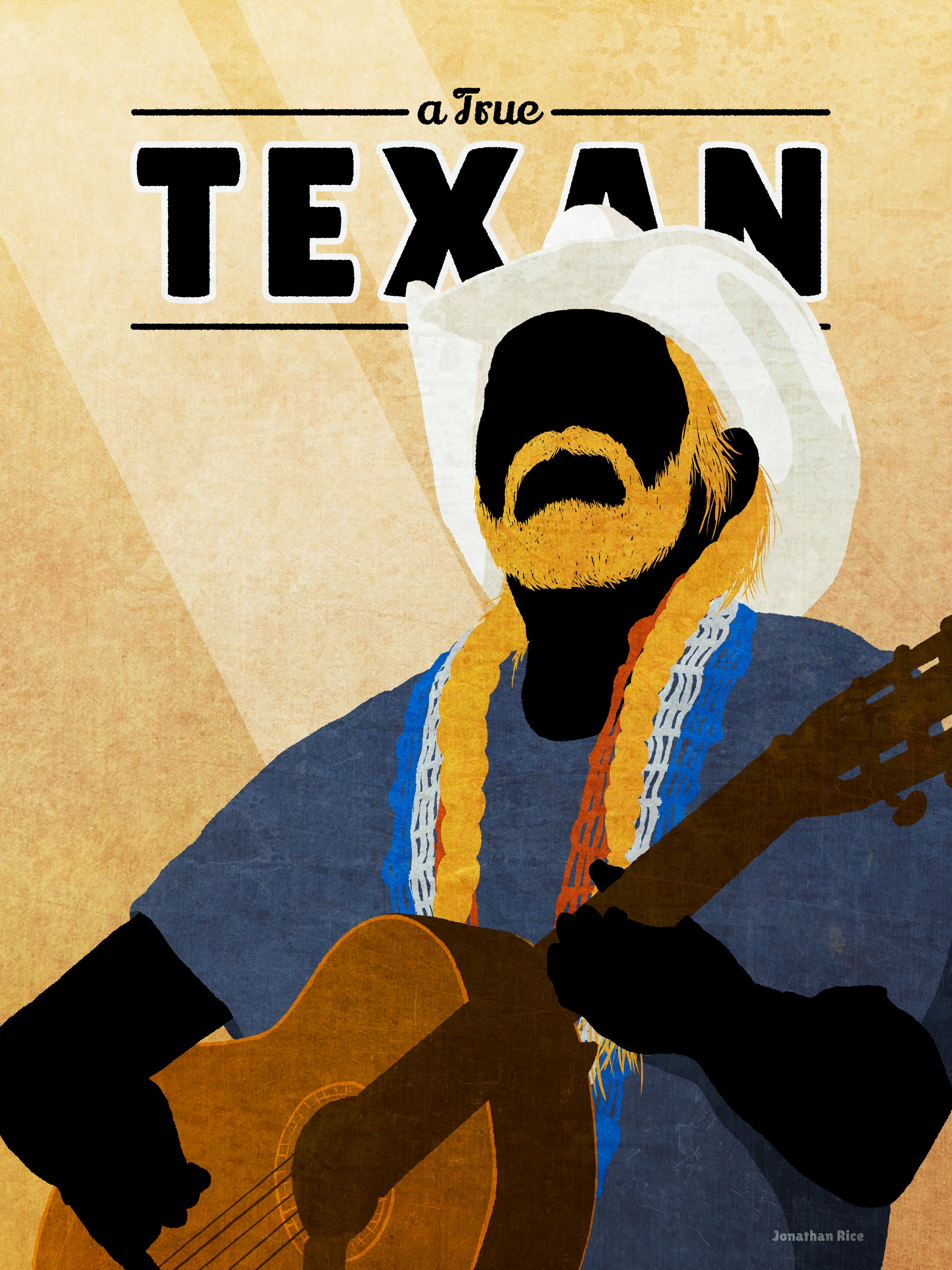 Giclée art print silhouette poster of True Texan Willie Nelson with guitar, white cowboy hat and trademark hair braids.