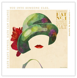 Colorful portrait of a woman’s cloche hat with the American children's book author Catherynne M. Valente quote “Hats have power. Hats can change you into someone else.” Bold graphic shapes in bright colors combined with sophisticated typography and intriguing negative space creates a compelling art piece