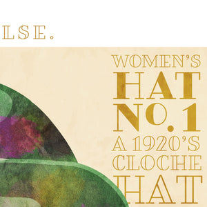 Detail of Colorful portrait of a woman’s cloche hat with the American children's book author Catherynne M. Valente quote “Hats have power. Hats can change you into someone else.” Bold graphic shapes in bright colors combined with sophisticated typography and intriguing negative space creates a compelling art piece