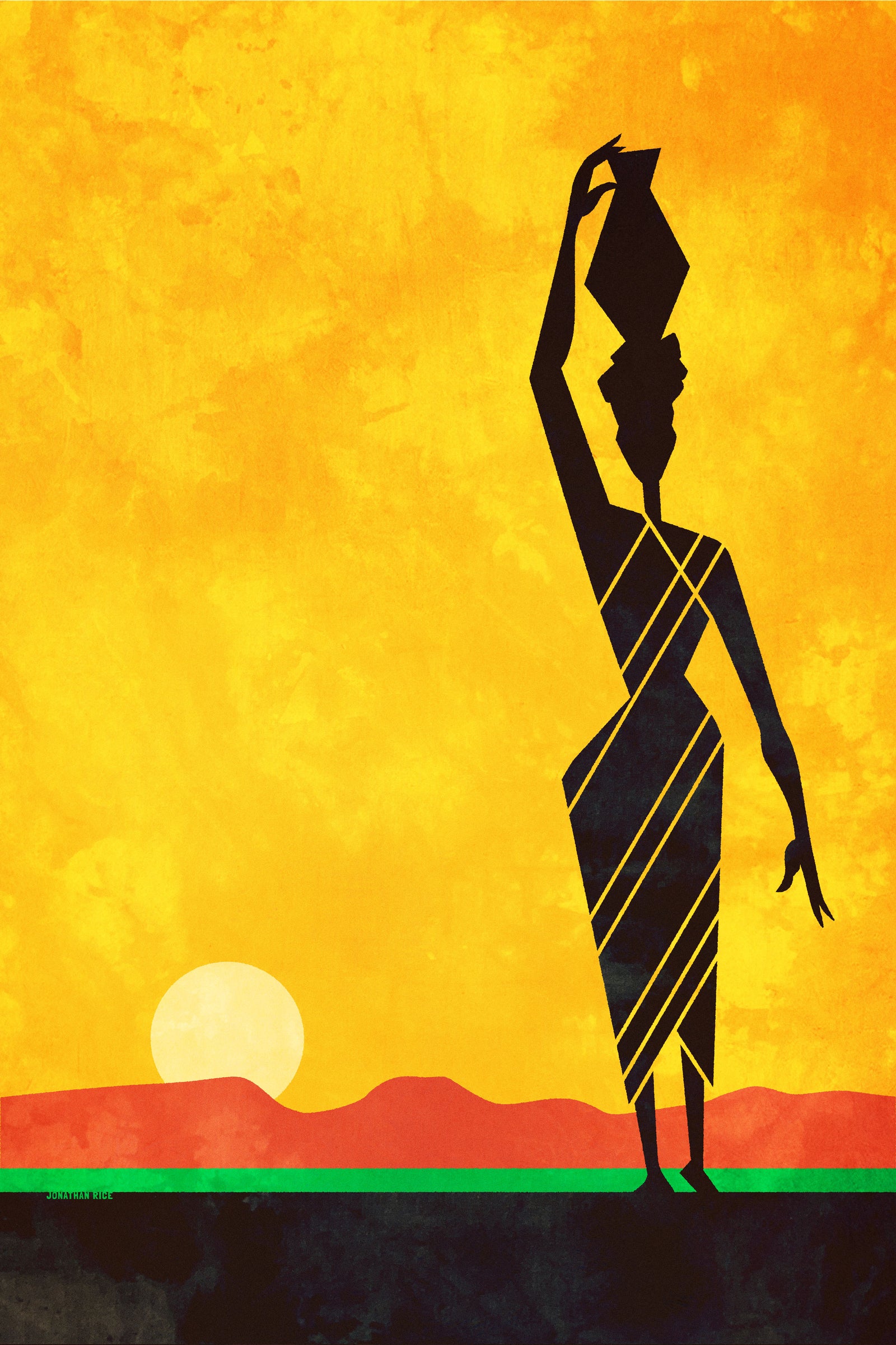 Beautiful primitive art print of an African woman carrying a water jug on the savannah created in a mid-century modern style with bold gold, red, green and black colors.