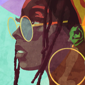 Detail of An upbeat and colorful print of a young woman with dreadlocks wrapped in a headband and wearing glasses and a large ear ring. Bold graphic lines and shapes create an energetic portrait of this beautiful lady.