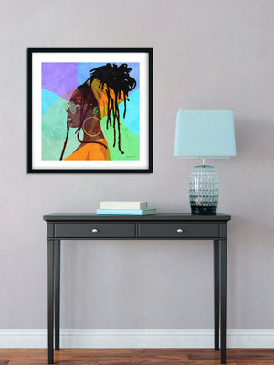 An upbeat and colorful print of a young woman with dreadlocks wrapped in a headband and wearing glasses and a large ear ring. Bold graphic lines and shapes create an energetic portrait of this beautiful lady. 