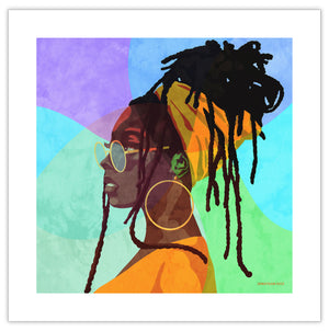 An upbeat and colorful print of a young woman with dreadlocks wrapped in a headband and wearing glasses and a large ear ring. Bold graphic lines and shapes create an energetic portrait of this beautiful lady.