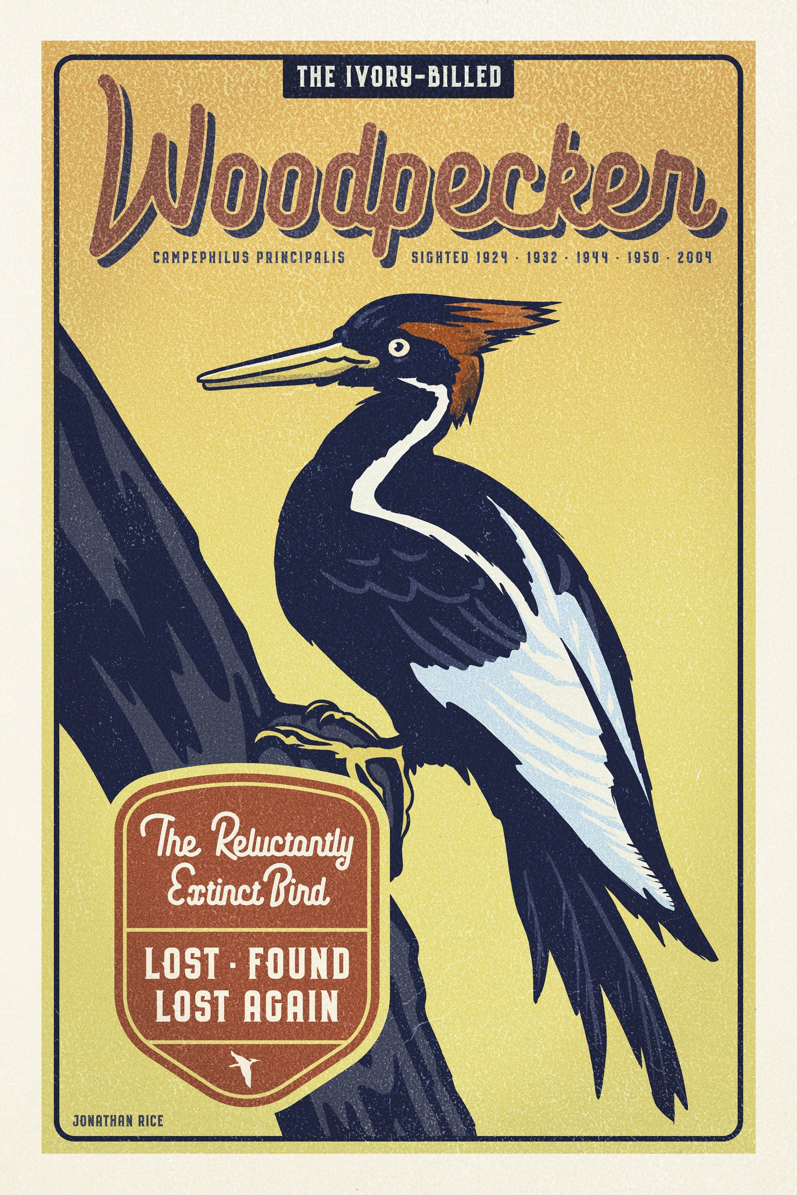 Vintage style humorous Ivory-billed Woodpecker art print with typography inspired by old travel, national parks and wildlife posters.