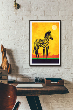 Primitive art print of an African Zebra on the savannah created in a mid-century modern style with bold gold, red, green and black colors.