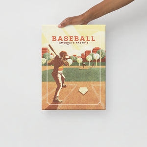 Retro styled giclée art print of an American Baseball Player at home plate about to swing. The baseball player is shown about to swing at the fastball that has been thrown inside a local ballpark. It’s warm color palette, gritty texture and vintage typography will make a great impression in any room. Canvas size 12" x 16"