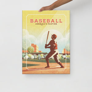 Retro styled giclée art print of an American Baseball Player swinging a bat. The baseball is shown swinging his bat inside a local ballpark. It’s warm color palette, gritty texture and vintage typography will make a great impression in any room. Canvas Wrap.