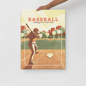 Retro styled giclée art print of an American Baseball Player at home plate about to swing. The baseball player is shown about to swing at the fastball that has been thrown inside a local ballpark. It’s warm color palette, gritty texture and vintage typography will make a great impression in any room. Canvas size 18" x 24"