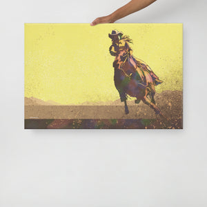 Modern style giclée art print of a cowgirl riding a horse on the plains. It is brightly colored, yet has gritty texture overall. There are mountains in the background. Canvas Wrap 24" x 36"