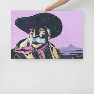 Modern style giclée art print of a cowboy on a cold winter’s day. It is brightly colored, yet has gritty texture overall. There are mountains in the background. Canvas Size 36" x 24"
