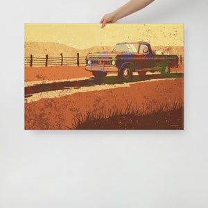 Modern style giclée art print of an old pickup truck in a field. It is brightly colored, yet has gritty texture overall. There is a field and barbed wire fence in the background. Canvas Wrap Size 36" x 24"