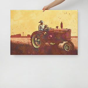 Modern style giclée art print of an old Tractor in a field. It is brightly colored, yet has gritty texture overall. There is a field and farm house with barn in the background. Canvas Print Size 36" x 24"