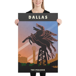 Canvas art print and travel poster of the “original” Pegasus flying horse neon sign in Dallas, Texas.