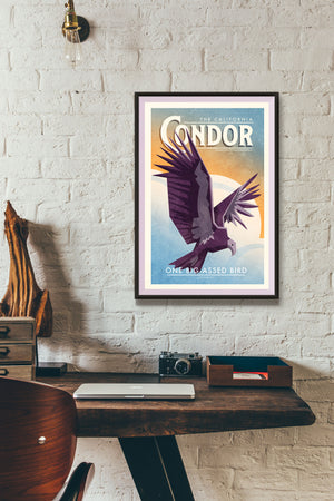 Art print of graphic vintage style California Condor Poster with bright colors and clouds in background. One big-assed bird.