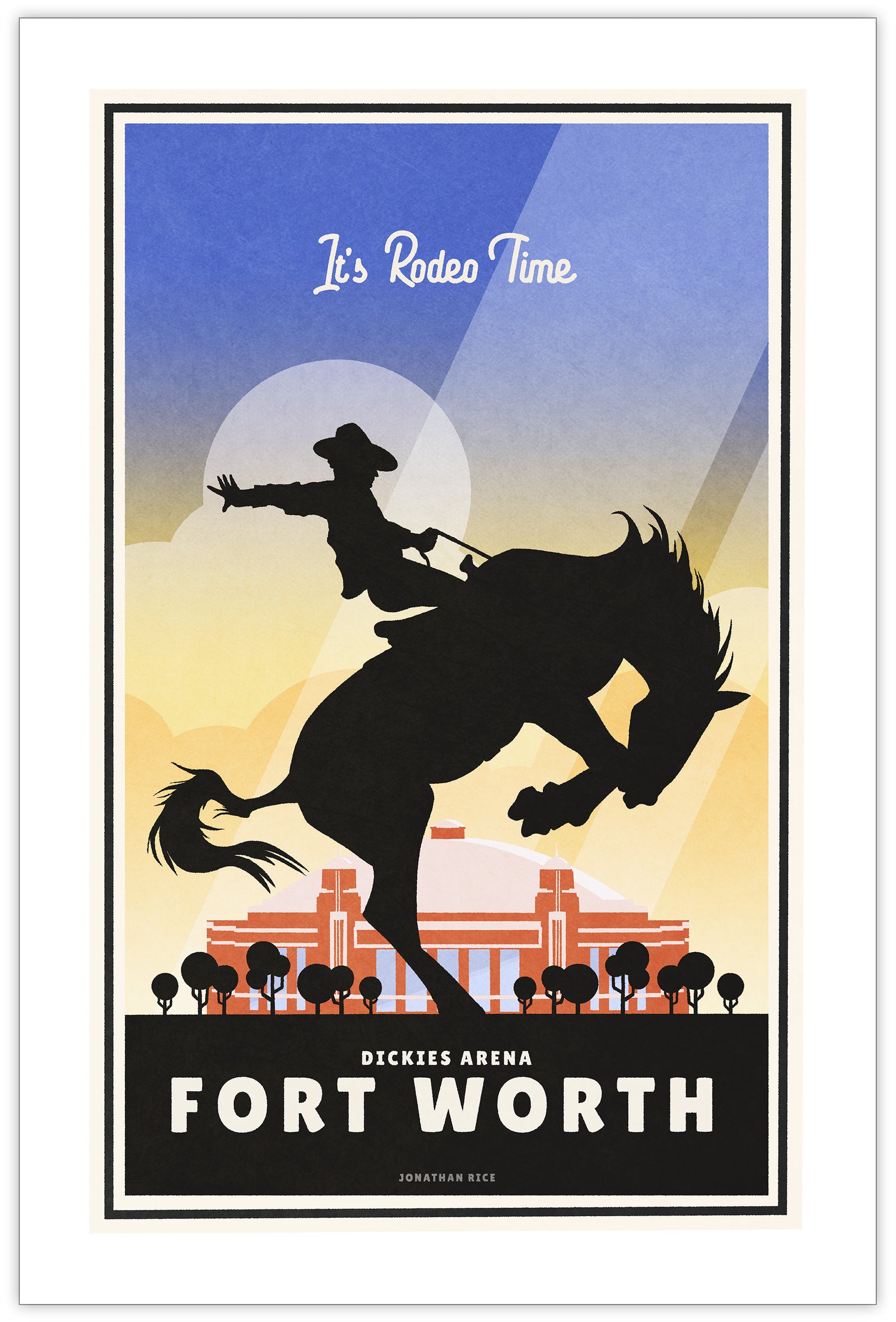 A retro style giclée art print of a Cowboy on a bucking bronco in front of Dickies Arena in Fort Worth, Texas. It has the words “It’s Rodeo Time” at the top. The print primarily is in bold black with bright colors. There are additional words a the bottom that says “Dickies Arean, Fort Worth”.