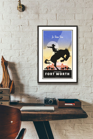A retro style giclée art print of a Cowboy on a bucking bronco in front of Dickies Arena in Fort Worth, Texas. It has the words “It’s Rodeo Time” at the top. The print primarily is in bold black with bright colors. There are additional words a the bottom that says “Dickies Arean, Fort Worth”.