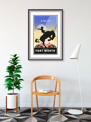 A retro style giclée art print of a Cowboy on a bucking bronco in front of Dickies Arena in Fort Worth, Texas. It has the words “It’s Rodeo Time” at the top. The print primarily is in bold black with bright colors. There are additional words a the bottom that says “Dickies Arean, Fort Worth”.