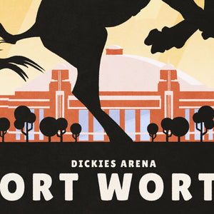 Detail of A retro style giclée art print of a Cowboy on a bucking bronco in front of Dickies Arena in Fort Worth, Texas. It has the words “It’s Rodeo Time” at the top. The print primarily is in bold black with bright colors. There are additional words a the bottom that says “Dickies Arean, Fort Worth”.