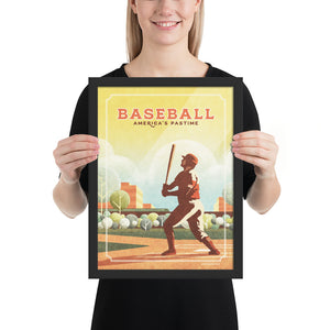 Retro styled giclée art print of an American Baseball Player swinging a bat. The baseball is shown swinging his bat inside a local ballpark. It’s warm color palette, gritty texture and vintage typography will make a great impression in any room. Black Frame.