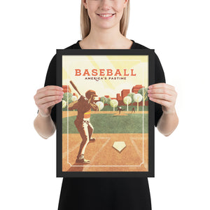 Retro styled giclée art print of an American Baseball Player at home plate about to swing. The baseball player is shown about to swing at the fastball that has been thrown inside a local ballpark. It’s warm color palette, gritty texture and vintage typography will make a great impression in any room. Black Frame size 12" x 16"