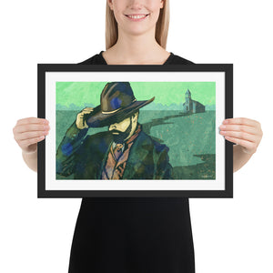Modern style giclée art print of a Cowboy on Sunday leaving church. It is brightly colored, yet has gritty texture overall. There is a country church in the background. Framed Print Size: 18" x 12"