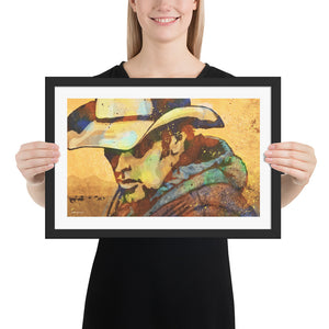 Modern style giclée art print of a melancholy marverick (cowboy) on the range. It is brightly colored, yet has gritty texture overall. There are cows and mountains in the background. Framed Print Size 12" x 18"