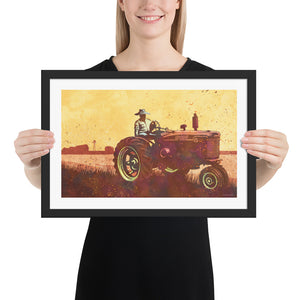 Modern style giclée art print of an old Tractor in a field. It is brightly colored, yet has gritty texture overall. There is a field and farm house with barn in the background. Framed Print 18" x 12"