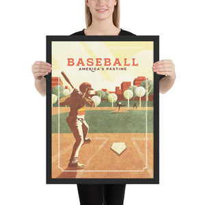 Retro styled giclée art print of an American Baseball Player at home plate about to swing. The baseball player is shown about to swing at the fastball that has been thrown inside a local ballpark. It’s warm color palette, gritty texture and vintage typography will make a great impression in any room. Black Frame size 18"  24"