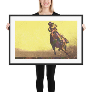 Modern style giclée art print of a cowgirl riding a horse on the plains. It is brightly colored, yet has gritty texture overall. There are mountains in the background. Framed Print 24" x 36"