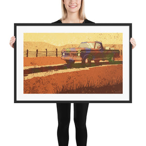 Modern style giclée art print of an old pickup truck in a field. It is brightly colored, yet has gritty texture overall. There is a field and barbed wire fence in the background. Framed Print Size 36" x 24"