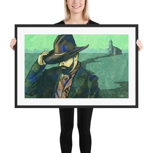 Modern style giclée art print of a Cowboy on Sunday leaving church. It is brightly colored, yet has gritty texture overall. There is a country church in the background. Framed Print Size: 36" x 24"