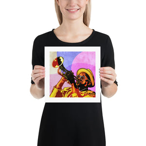 An upbeat and colorful print of New Orleans Jazz Trumpeter Branden Lewis. Bold graphic lines and bright colorful shapes create an energetic portrait of the black musician.  Size 10"x10"