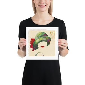 Colorful portrait of a woman’s cloche hat with the American children's book author Catherynne M. Valente quote “Hats have power. Hats can change you into someone else.” Bold graphic shapes in bright colors combined with sophisticated typography and intriguing negative space creates a compelling art piece. Size 10" x 10"
