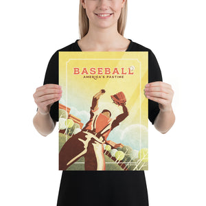 Retro styled giclée art print of an American Baseball Outfielder catching a fly ball. The baseball player is caught in the act of catching a fly ball inside a local ballpark. It’s warm color palette, gritty texture, unusual angle and vintage typography will make a great impression in any room. Size 12" x 16"