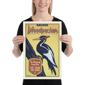 Vintage style humorous Ivory-billed Woodpecker art print with typography inspired by old travel, national parks and wildlife posters.