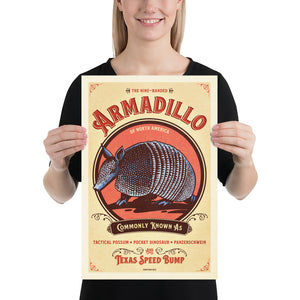 Vintage style humorous Armadillo art print with ornate type inspired by old travel, national parks and wildlife posters.