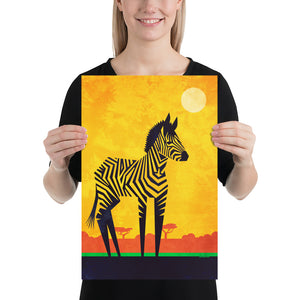 Primitive art print of an African Zebra on the savannah created in a mid-century modern style with bold gold, red, green and black colors.